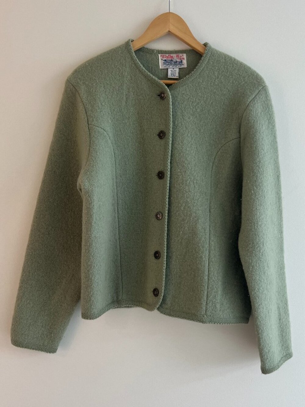 Vintage Tally-Ho Sage Green Boiled 100% Wool Cardigan Cottagecore Old Money Sz M